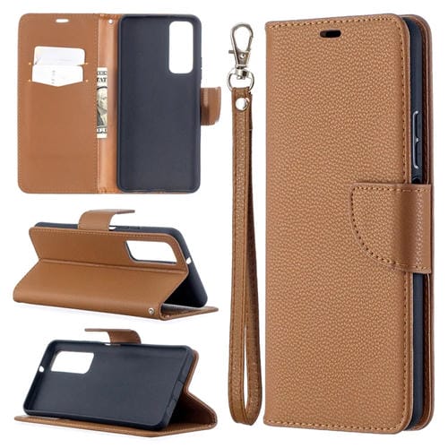 Para Huawei P Smart 2021 / Y7A Litchi Texture Color Pure Horizontal Flip PU Funda de cuero con soporte y tragamonedas de tarjetas y billetera y cordón (marrón)