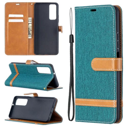 Para Huawei P Smart 2021 / Y7A Lite Color Matching Denim Texture Flip Horizontal Funda de cuero con soporte y tragamonedas de tarjetas y billetera y cordón (verde)