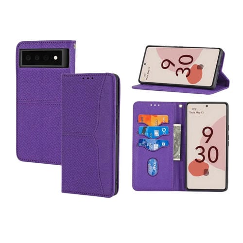 Para Google Pixel 6 Textura tejida costura magnética Horizontal Flip PU Funda de cuero con soporte y ranuras para tarjetas y Billetera y cordón (púrpura)