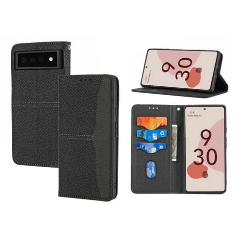 Para Google Pixel 6 Textura tejida Costura Magnética Horizontal Flip PU Funda de cuero con soporte y ranuras para tarjetas y cordón (negro)