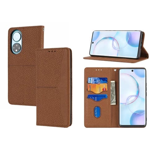 Para honrar 50 SE Textura tejida costura magnética Horizontal Flip PU Funda de cuero con soporte y ranuras para tarjetas y billetera y cordón (marrón)