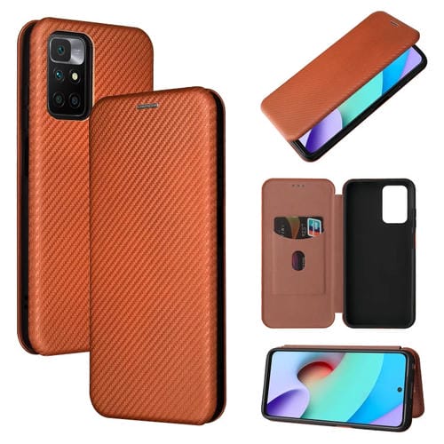 Textura de fibra de carbono Magnético Horizontal Flip TPU + PC + Funda de cuero PU con ranura para tarjeta para Xiaomi Redmi 10 (Brown)