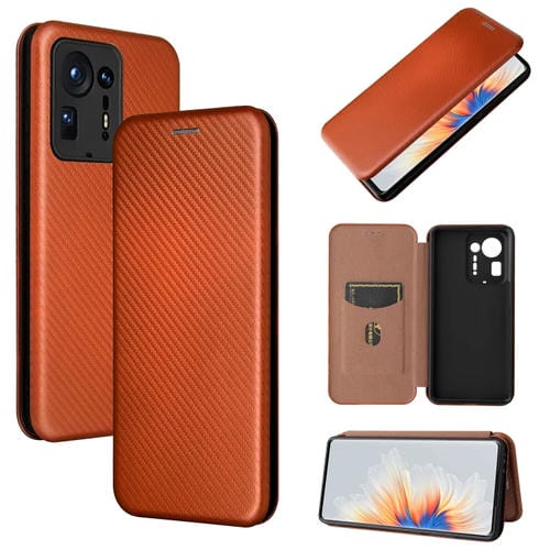 Textura de fibra de carbono Magnético Horizontal Flip TPU + PC + Funda de cuero PU con ranura para tarjeta para Xiaomi Mix 4 (Brown)