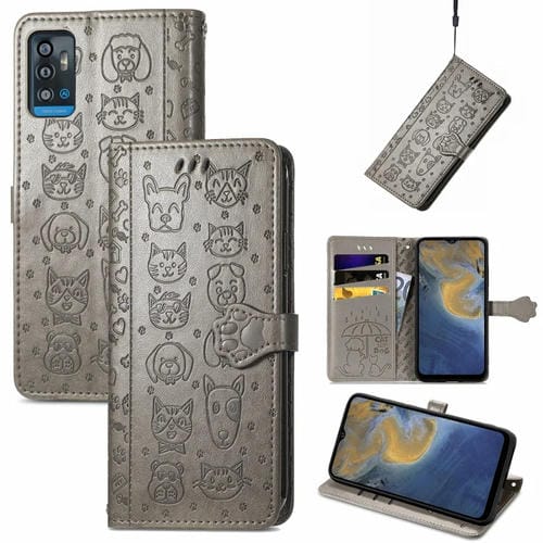 Funda para ZTE A71 con Soporte, Ranuras para Tarjetas y Billetera, Estampado Gato y Perro (Gris)