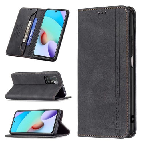 Para Xiaomi Redmi 10 Bloqueo de RFID Magnetic Blocking Funda de cuero antirrobo con soporte y ranuras para tarjetas y billetera (Negro)
