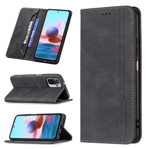 Para Xiaomi Redmi Note 10 4G / Nota 10S Funda de cuero antirrobo de bloqueo de RFID magnético con soporte y tragamonedas y billetera (Negro)