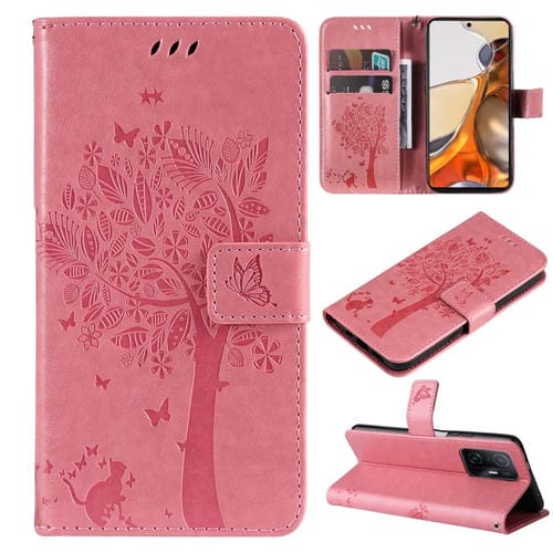 Para Xiaomi 11T / 11T Pro Tree & Cat Pattern Horizontal Flip PU Funda de cuero con soporte y ranuras para tarjetas y Monedero y Lanyard (rosa)