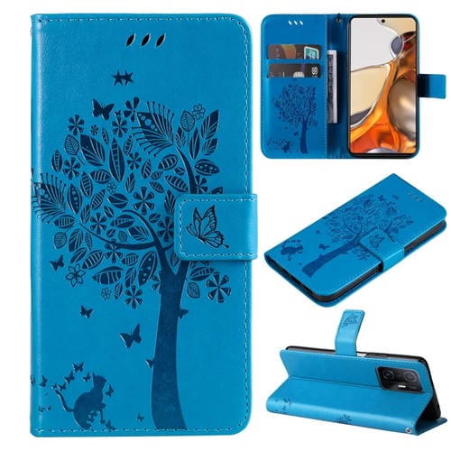 Para Xiaomi 11T / 11T Pro Tree & Cat Pattern Horizontal Flip PU Funda de cuero con soporte y ranuras para tarjetas y Filtera (Azul)