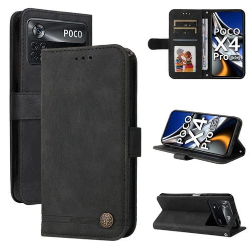 Para Xiaomi Poco X4 Pro 5G Siente Siente Life Tree Metal Button Funda telefónica de cuero (Negro)