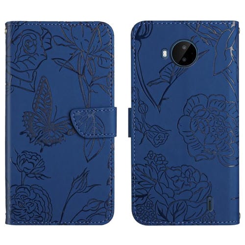 Funda de Cuero en Relieve para Nokia C20 Plus Siente la Piel de la Mariposa (Azul)