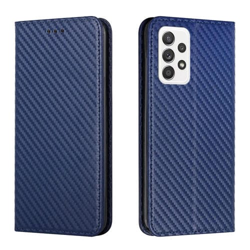 Para Samsung Galaxy A53 Carbon Fiber Texture Titular de la funda de cuero (Azul)