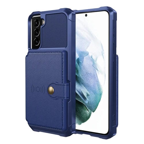 Para Samsung Galaxy S21 Fe 5G Bolsa de Tarjeta Magnética Magnínica Caja del teléfono de cuero (azul marino)