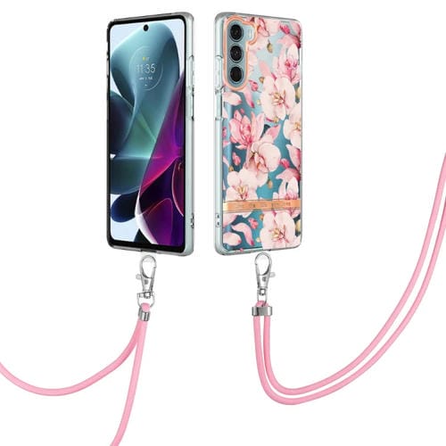 Para la caja de teléfono TPU de la serie Motorola Moto G200 Flowers con Lanyard (Pink Gardenia)