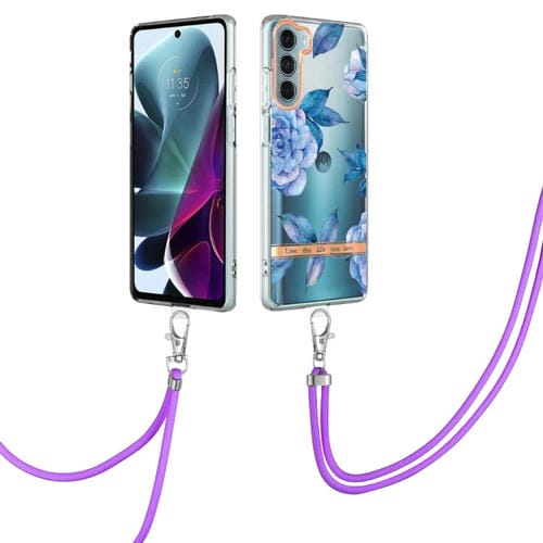 Para la caja de teléfono TPU de la serie Motorola Moto G200 Flowers con Lanyard (Peony Blue)
