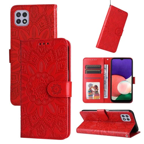 Estuche para Teléfono Samsung Galaxy A22 5G Cuero Estampado Girasol (Rojo)