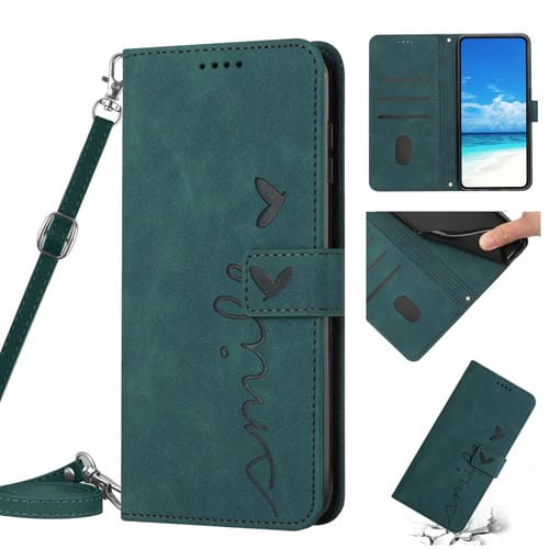 Funda de Cuero para Samsung Galaxy A02/M02 Skin Feel Heart Pattern con Cordón (Verde)