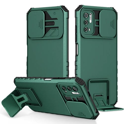 Para Xiaomi Redmi Note 10 5G Soporte estereoscópico Funda deslizante para teléfono Camshield (Verde)