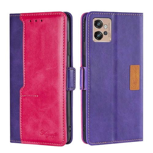Funda de Cuero para Motorola Moto G32 4G con Hebilla Lateral y Contraste (Púrpura + Rosa Roja)