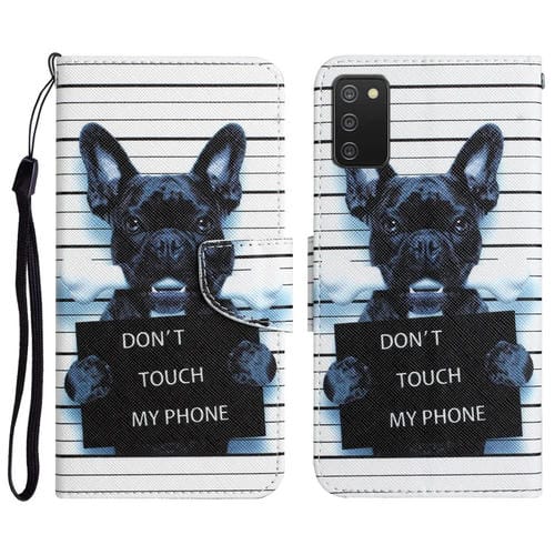 Para Samsung Galaxy A03s Funda de teléfono de cuero con dibujo coloreado (perro negro)