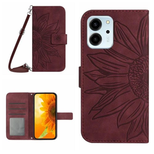 Funda de Cuero con Tapa Honor 80 Se HT04 Skin Feel Sun Flower con Cordón (Rojo Vino)