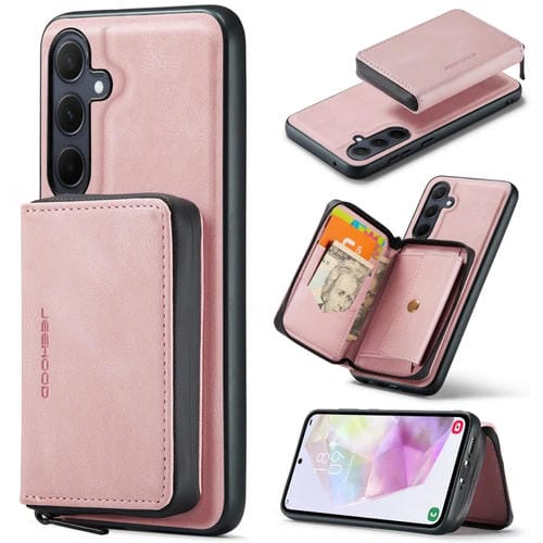 Funda para Teléfono Samsung Galaxy A35 5G Jeehood Cuero Tapa Horizontal Cremallera Magnética (Rosa)