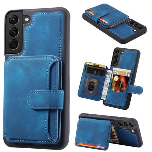 Para Samsung Galaxy S21 FE 5G Skin Feel Dream Cepillo antirrobo a prueba de golpes Funda portátil para tarjeta de piel Funda para teléfono (Azul pavo real)