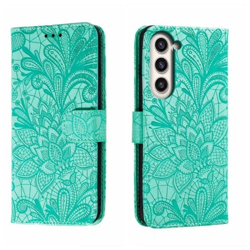 Para Samsung Galaxy S23+ 5G Flor de encaje en relieve Flip Funda de cuero para teléfono (Verde)