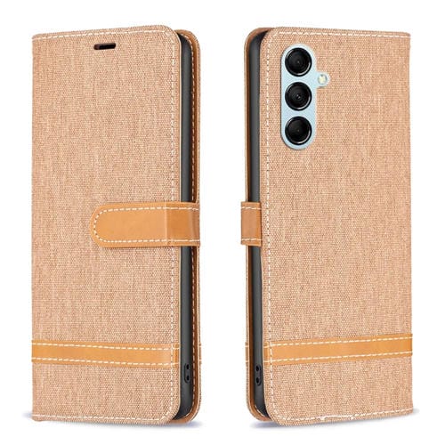 Para Samsung Galaxy M14 5G Color Block Denim Texture Leather Phone Case (marrón)