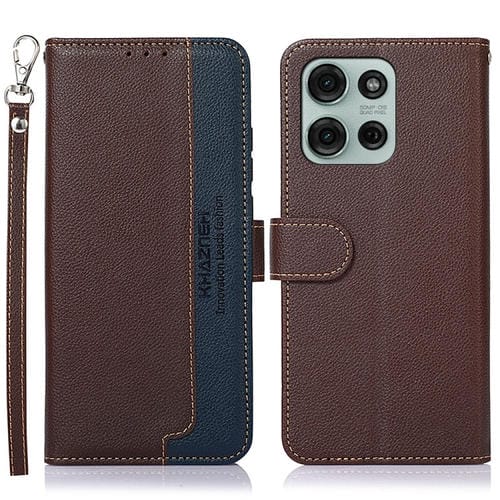 Funda de Cuero Khazneh Rfid con Textura de Lichi para Motorola Moto G75 5G (Marrón)