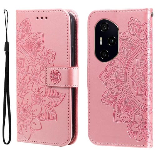Funda de Cuero con Relieve de Flores 7 Pétalos para Honor 300 Ultra (Oro Rosa)