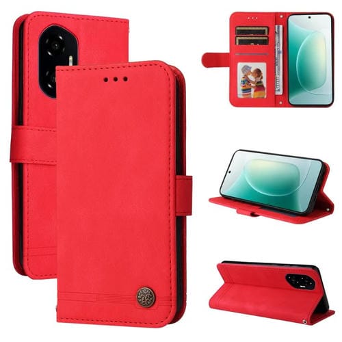Funda de Cuero para Honor 300 con Botones de Metal y Diseño Árbol de la Vida (Rojo)
