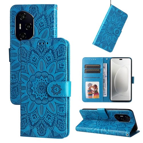 Funda de Cuero con Relieve de Girasol para Honor 300 Ultra (Azul)