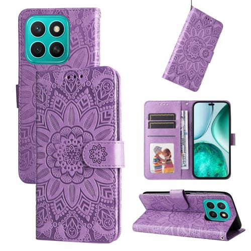 Funda de Piel con Estampado de Girasoles para Honor X8C 4G (Morada)