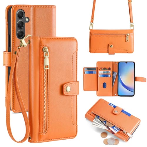 Funda para Samsung Galaxy A34 5G Cuero con Billetera Cremallera Cuerpo Cruzado Textura de Oveja (Naranja)