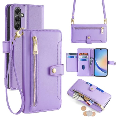 Funda para Samsung Galaxy A34 5G Cuero con Billetera Cremallera Cuerpo Cruzado Textura Oveja (PĂșrpura)