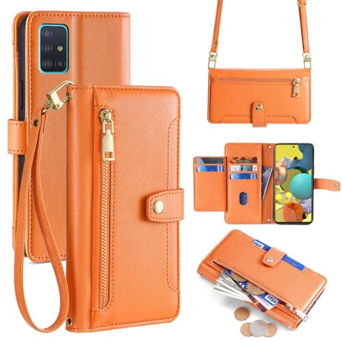 Funda para Teléfono Samsung Galaxy A51 4G Lite Cuero Billetera Cremallera Cuerpo Cruzado Textura Oveja (Naranja)