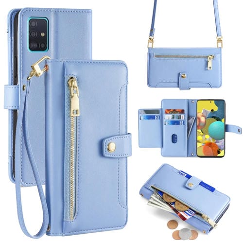 Funda para Samsung Galaxy A51 4G Lite Cuero con Billetera con Cremallera y Textura de Oveja (Azul)