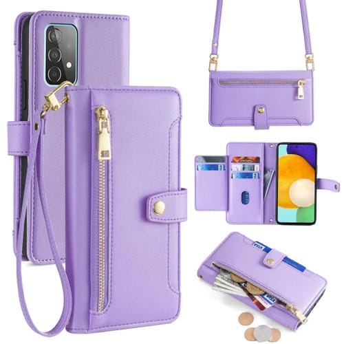 Funda para Teléfono Samsung Galaxy A52 5G 4G A52S 5G Cuero Billetera Cremallera Cuerpo Cruzado Textura Oveja (Púrpura)