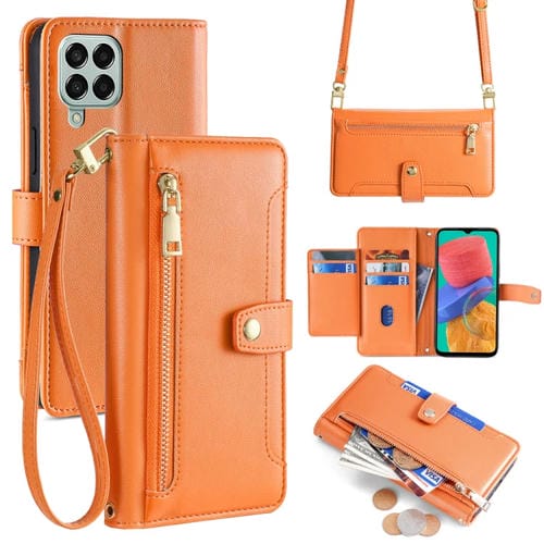 Funda para Samsung Galaxy M33 5G Cuero con Billetera y Cremallera Cuerpo Cruzado Textura de Oveja (Naranja)