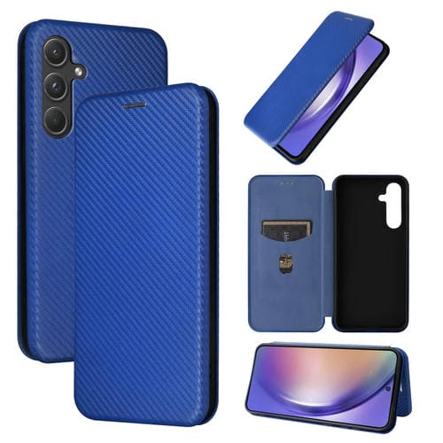 Funda de Cuero para Samsung Galaxy A55 5G con Tapa y Textura de Fibra de Carbono (Azul)