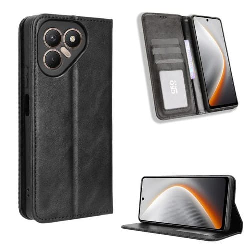 Funda de cuero con textura retro y hebilla magnética para Tecno Pova 7 4G (negra)