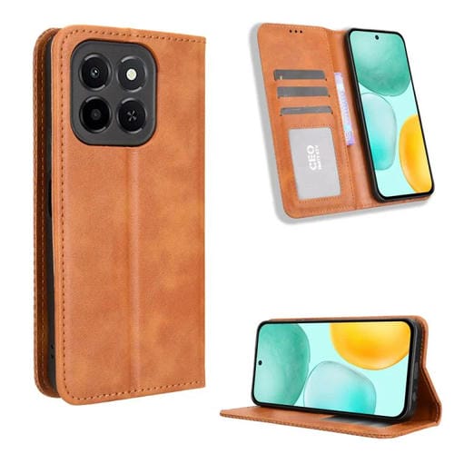 Funda de cuero con textura retro y hebilla magnética para Honor X6c 4G (marrón)