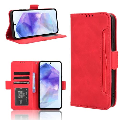 Funda de Cuero Samsung Galaxy A55 5G Skin Feel Becerro Textura Ranuras para Tarjetas (Rojo)