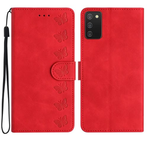 Funda para Samsung Galaxy A02S Eu Versión Seven Butterflies Caja de Teléfono de Cuero En Relieve (Rojo)