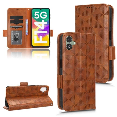 Funda de teléfono Samsung Galaxy F14 Cuero Patrón triångulo simétrico (Marrón)