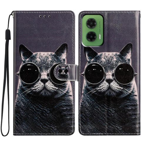 Funda de Cuero para Motorola Moto G35 con Dibujo de Colores Gafas de Sol con Gato