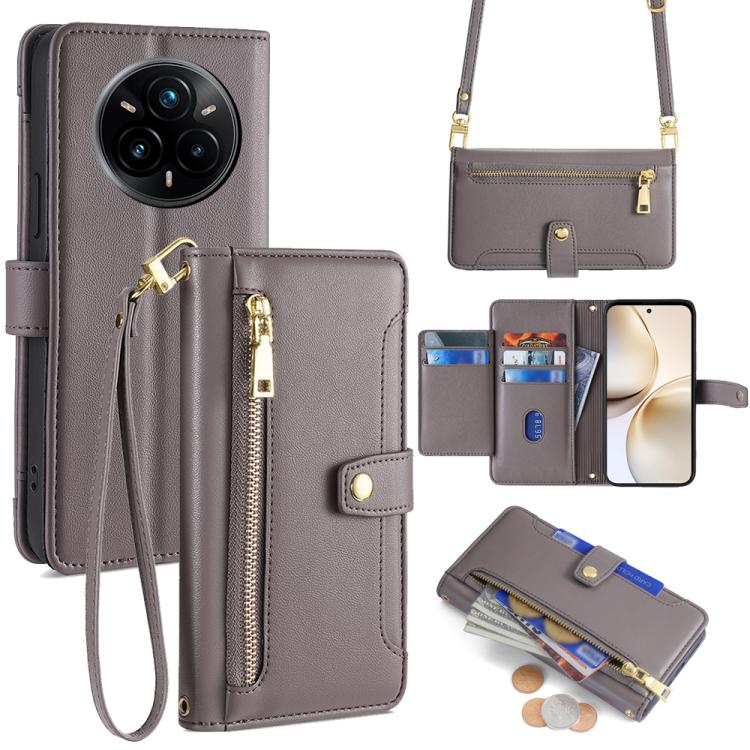 Funda de Cuero con Cremallera y Textura de Oveja para Realme 14 Pro 5G Global (Gris)
