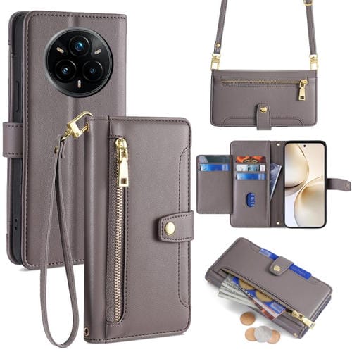 Funda de Cuero con Cremallera y Textura de Oveja para Realme 14 Pro 5G Global (Gris)