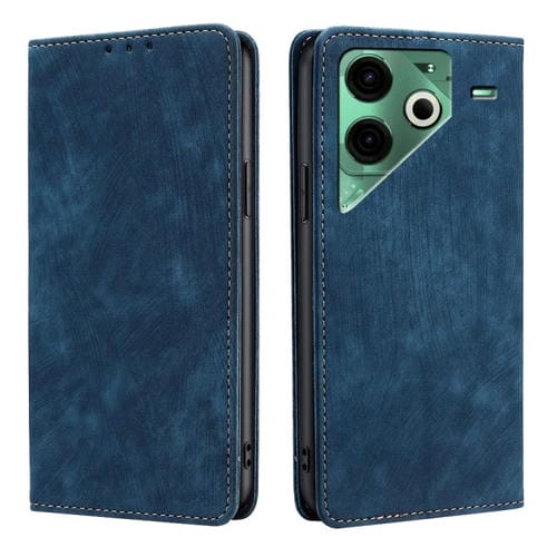 Funda de Cuero Magnética con Cepillo Antirrobo RFID para Tecno Pova 6 Neo 4G (Azul)