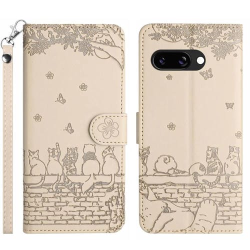 Funda de Cuero para Google Pixel 9A con Estampado de Gato y Cordón (Beige)